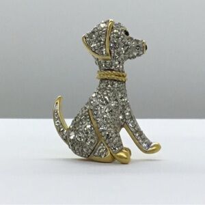 Vintage D'ORLAN Signed Sitting Dog Brooch Pin Crystals Golden Jewelry